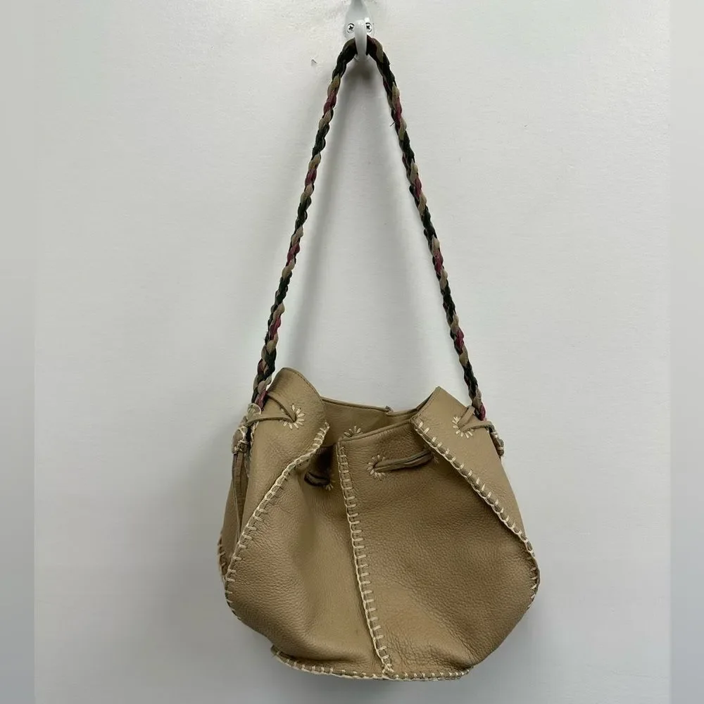 Valerie Steven’s Beige Leather Small Bucket Shoukder Bag Braided Leather Strap